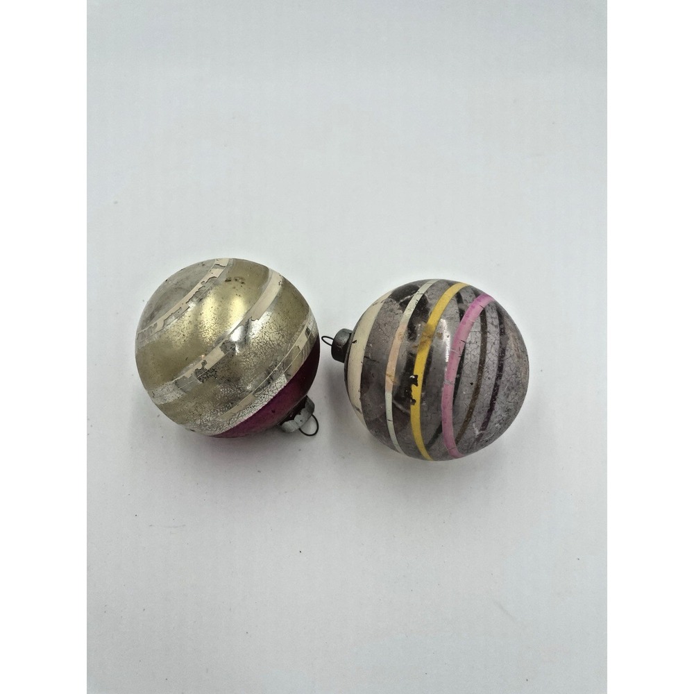 Two‎ Vintage Shiny Brite Striped Glass Christmas Ornaments 2.75"